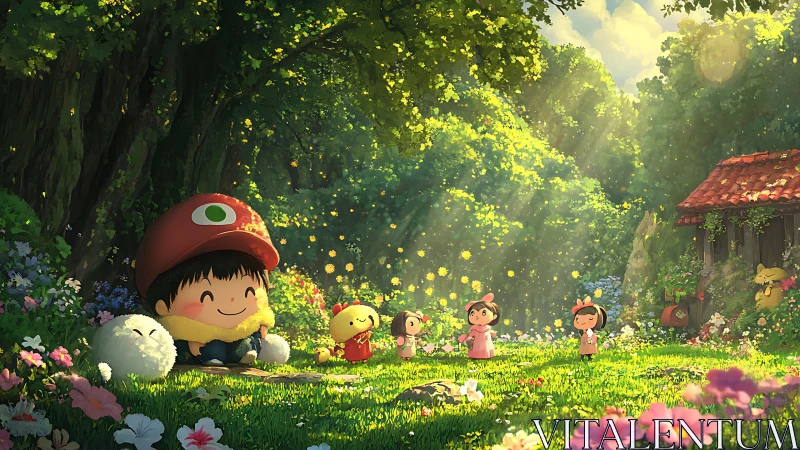 Children and creature figures in sunlit forest clearing scene.