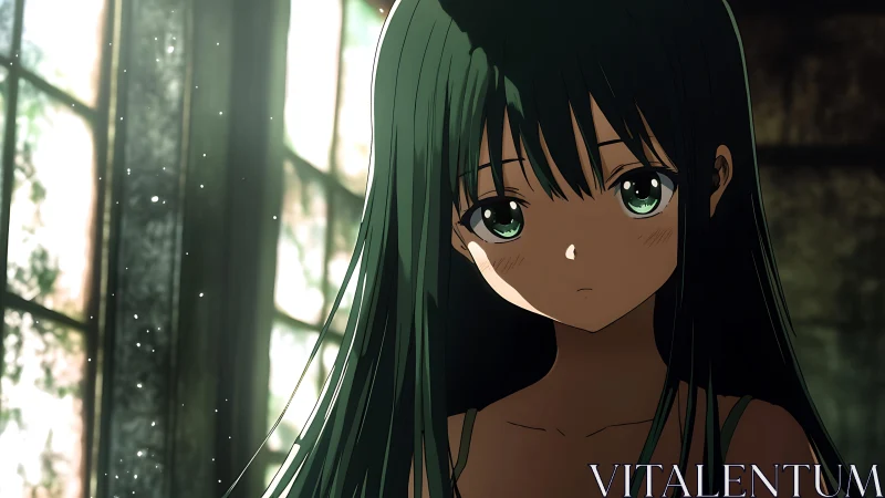 Young girl with long dark hair stands near backlit window