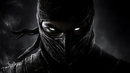 Masked ninja portrait shows intense glowing white eyes