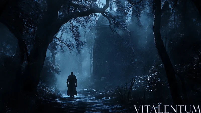 Solitary figure entering moonlit rain-soaked haunted forest.