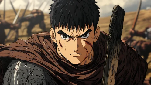 Battleworn anime warrior in cloak with scarred face closeup