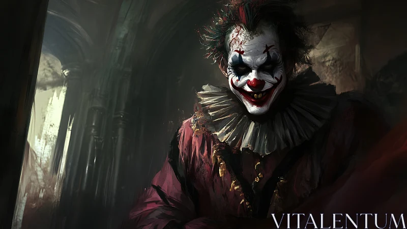 Sinister clown stalks dim cathedral with predatory grin.