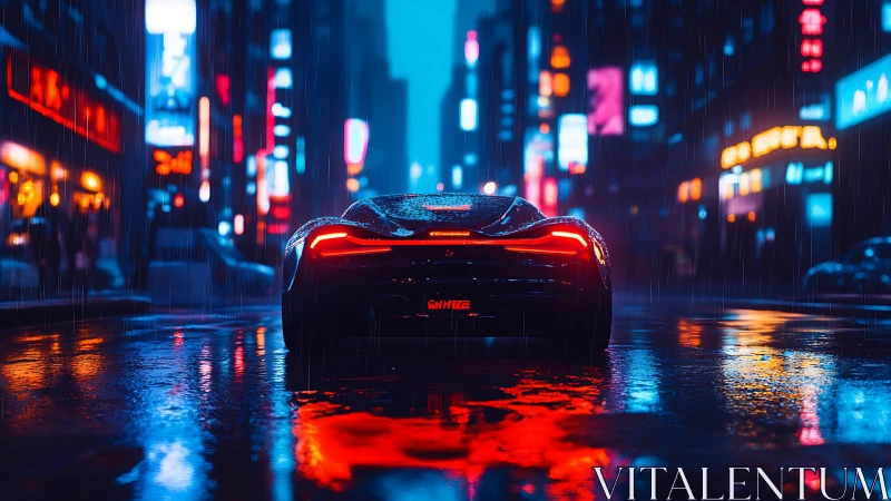 Futuristic sports car drives through rainy neon city street