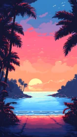 Pixel sunset seascape shows palm silhouettes and horizon glow