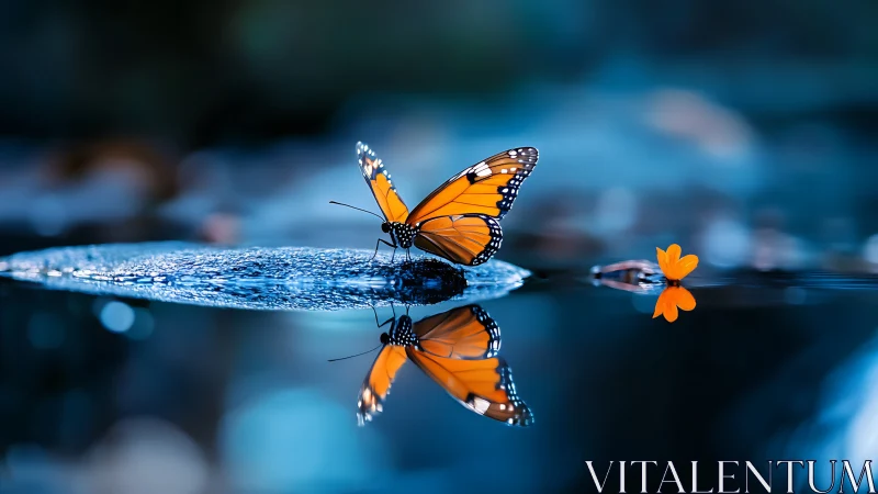Orange butterfly on reflective water surface in blue light.
