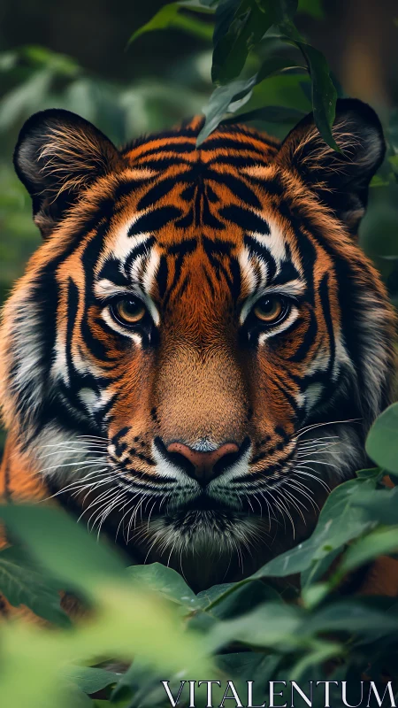 Warm amber-eyed tiger resting quietly in leafy jungle shadows.