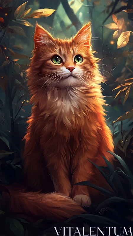 Golden longhaired cat sits in glowing forest under foliage