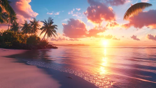 Sun-drenched tropical shoreline glows in vivid sunset light.