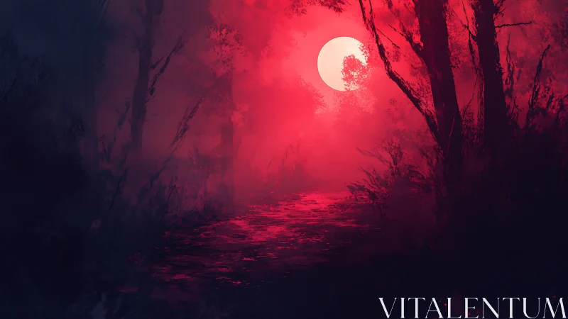 Blood red moon rises over dark misty forest stream