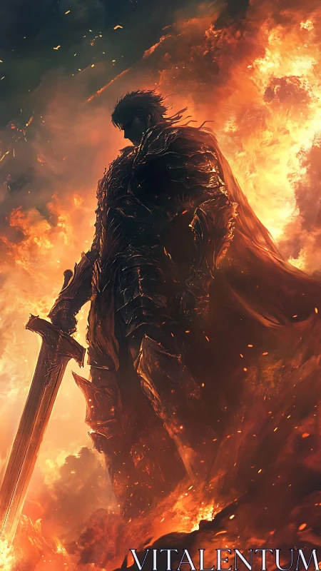 Infernal warlord strides through wildfire and shattered dawn.