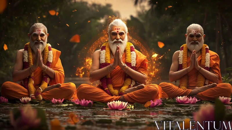 Three meditating elders in orange robes on lotus pond.
