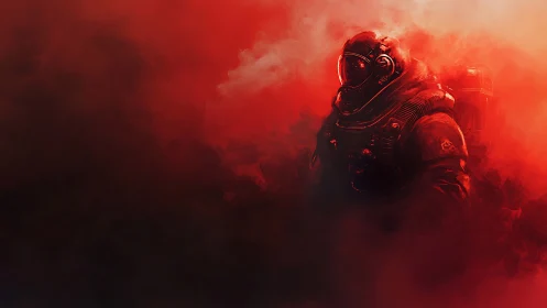 Lone astronaut advances through crimson cosmic fogscape.