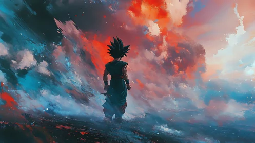 Lone anime warrior surveys stormlit sky in vivid colors