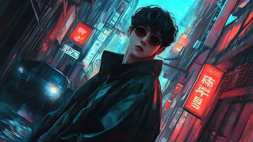 Neon alley drifter in rain-slick city light and shadow haze.