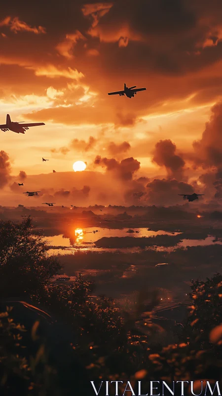 Military transport aircraft cross a wetland at low sunset light