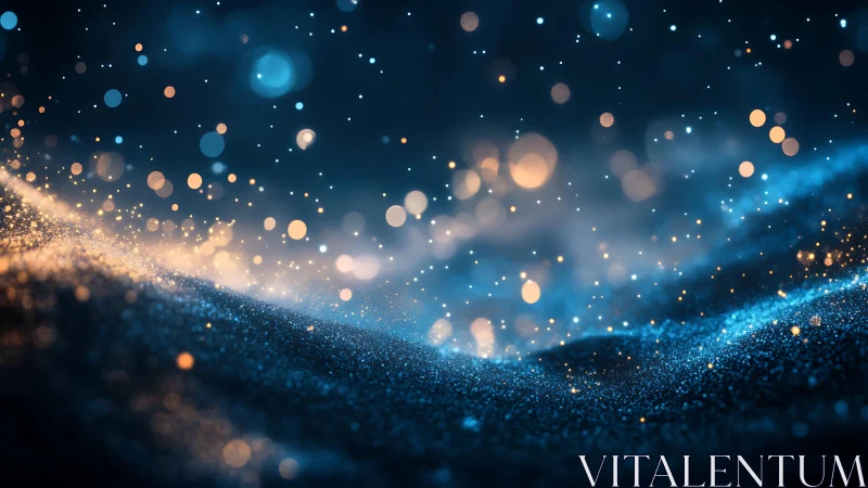 Abstract glowing particles over blue waves in dreamy night style.