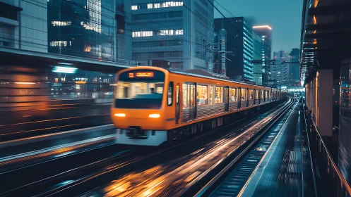 Orange commuter train speeding through wet city tracks.