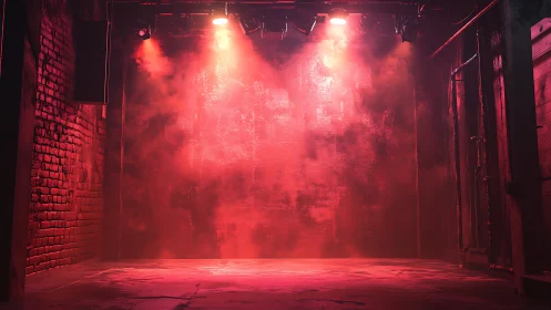 Moody red-lit warehouse stage with atmospheric haze effects.