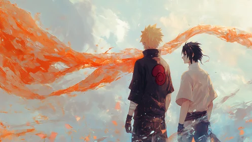Rival anime warriors stand beneath swirling orange sky
