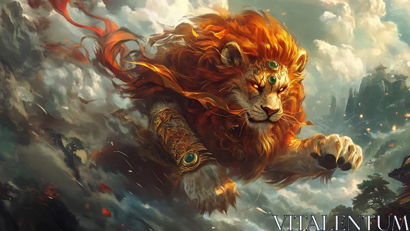 Mythic celestial lion with flaming mane charges through storm clouds