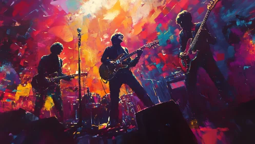 Rock band silhouettes ignite stage under neon paintstorm.