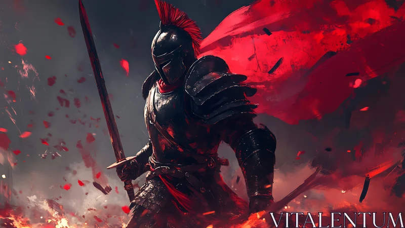 Armored knight advances amid red embers in dynamic battle tableau