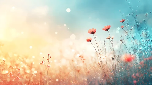 Soft sunrise wildflowers glow in a dreamy pastel meadow