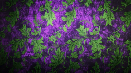 Iridescent damask foliage on textured violet woven substrate.