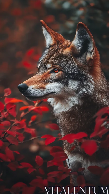 Wolf profile stands alert amid dense red autumn foliage