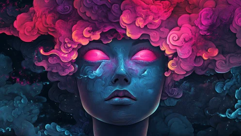 Nebula-crowned dream oracle with glowing cosmic gaze.