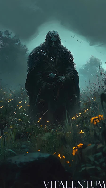 Ancient cloaked warrior in misty meadow at dusk.