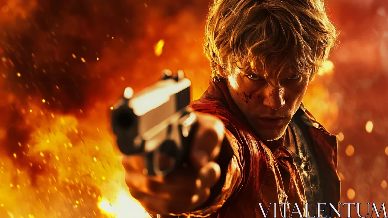 Gunman advances through roaring flames with fierce resolve.