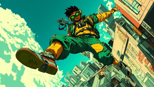 Urban rooftop jumper in stylized futuristic cityscape scene.