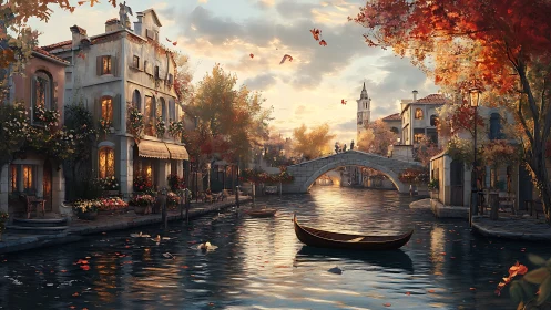 Sunlit autumn canal with stone bridge and empty gondola.