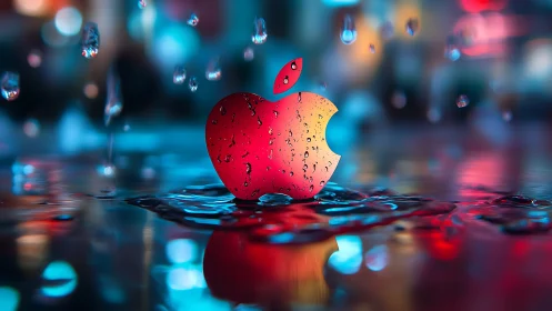 Apple-shaped icon glows amid neon rain and wet reflections.