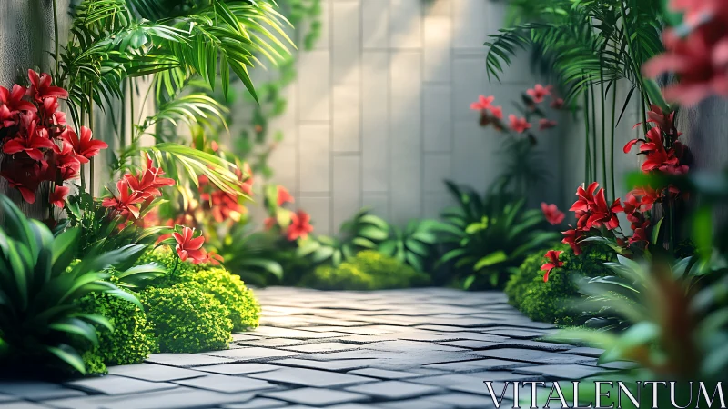 Sunlit garden path welcomes quiet walks among red blooms