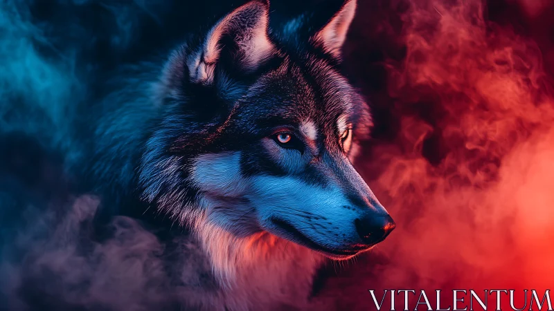 Neon lit wolf portrait in blue and red atmospheric smoke.