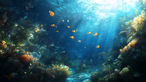 Sunlit coral reef glows beneath shimmering tropical waves