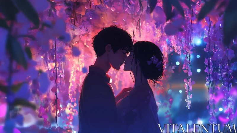 Romantic anime couple under glowing floral canopy at night.