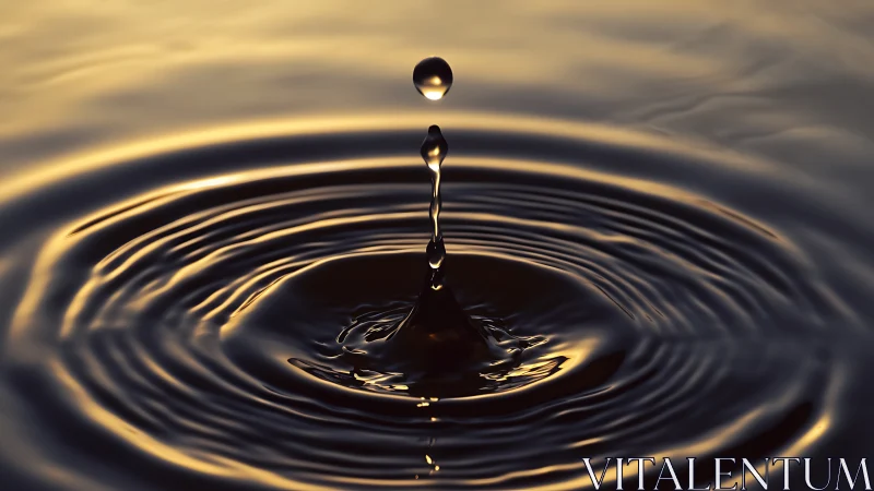 Golden water droplet impact with concentric ripples at dusk.
