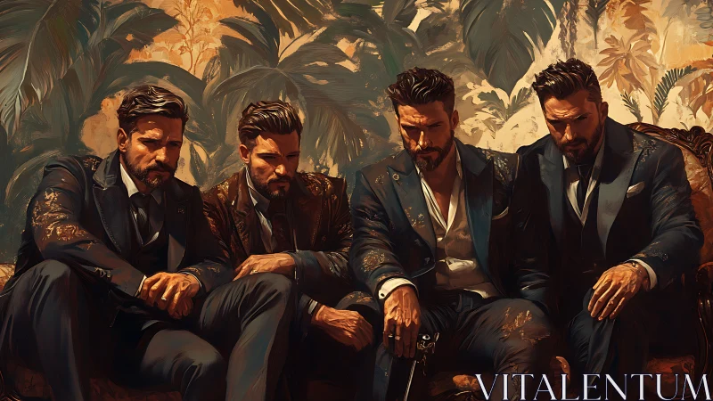 Four suited men seated against dense foliage backdrop.