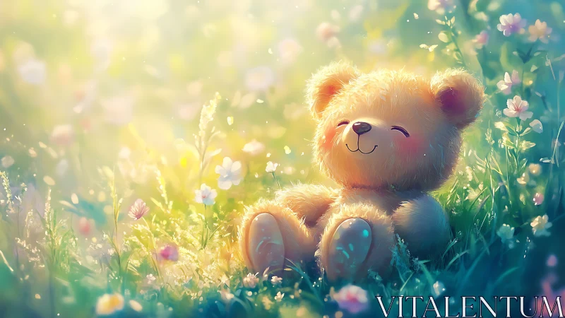 Luminous plush bear in soft-focus meadow illumination field.