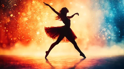 Graceful dancer leaps between glowing fire and stardust light
