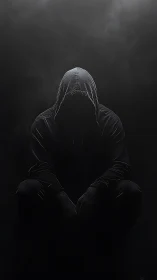 Hooded silhouette in low key volumetric shadow field.