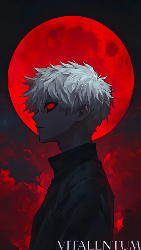 White-haired anime antihero stands against a blazing blood moon