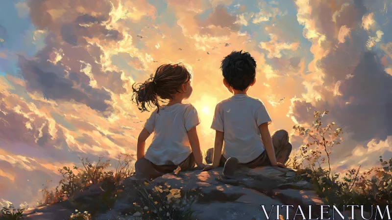 Backlit children on rocky hill under luminous sunset clouds