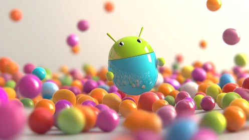 Android robot mascot in colorful digital 3D art with candy balls.