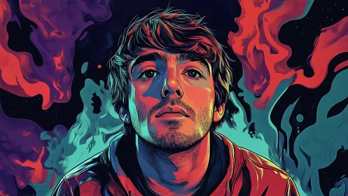 Intense neon portrait captures introspective youth in swirling color