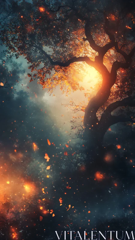 Glowing Tree Emerges Through Misty Golden Light and Embers