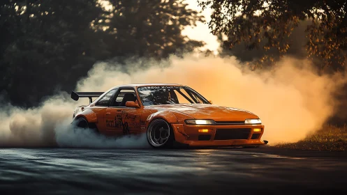 Sunset drift rocket carving smoke halos through forest curves.